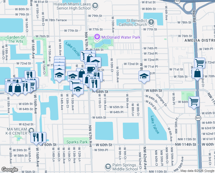 map of restaurants, bars, coffee shops, grocery stores, and more near 1116 West 69th Place in Hialeah