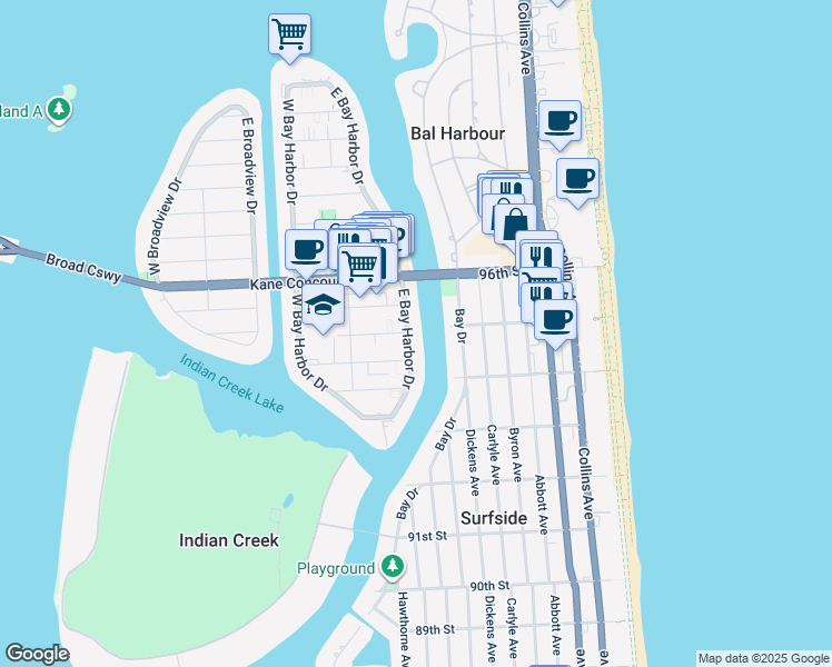 map of restaurants, bars, coffee shops, grocery stores, and more near 9481 East Bay Harbor Drive in Bay Harbor Islands