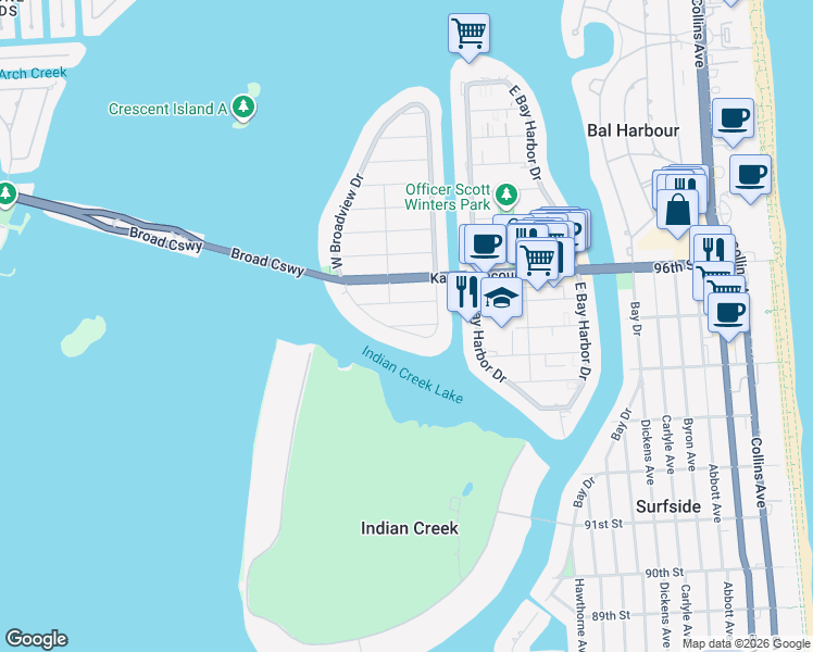map of restaurants, bars, coffee shops, grocery stores, and more near 1260 95th Street in Bay Harbor Islands