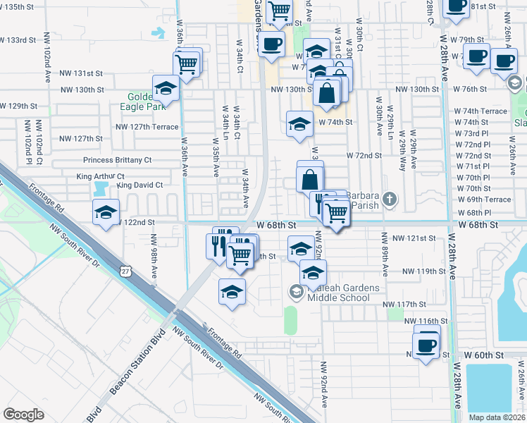 map of restaurants, bars, coffee shops, grocery stores, and more near 132 Northwest 93rd Court in Hialeah