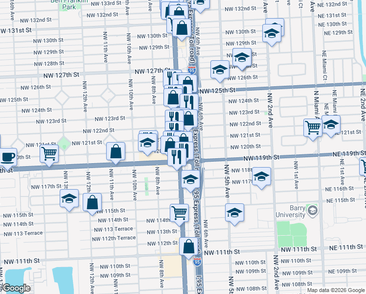 map of restaurants, bars, coffee shops, grocery stores, and more near 12060 Northwest 7th Avenue in North Miami