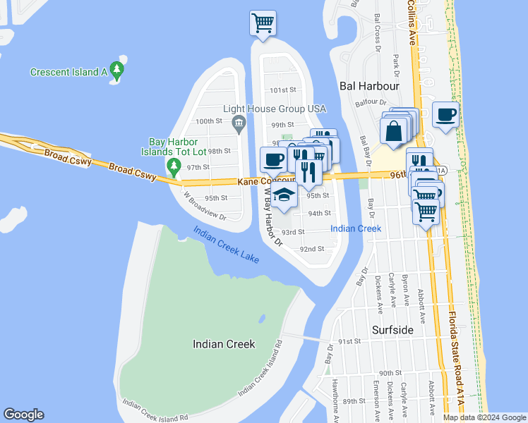 map of restaurants, bars, coffee shops, grocery stores, and more near 9400 West Bay Harbor Drive in Bay Harbor Islands