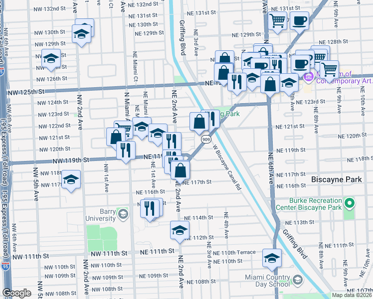 map of restaurants, bars, coffee shops, grocery stores, and more near 11925 Northeast 2nd Avenue in Miami
