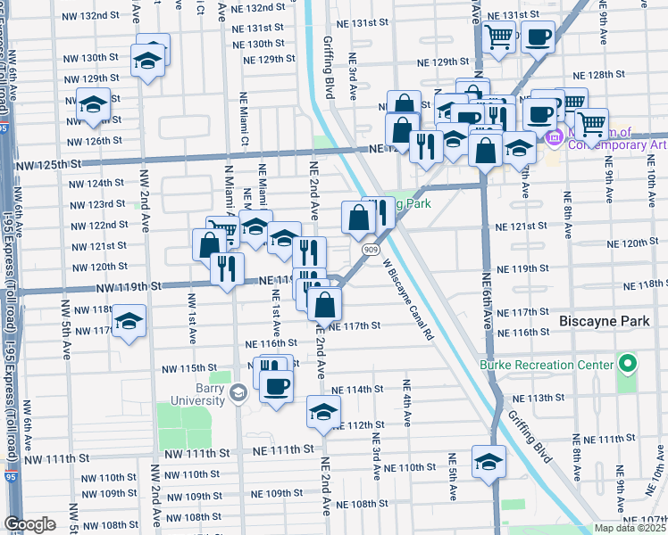 map of restaurants, bars, coffee shops, grocery stores, and more near 11925 Northeast 2nd Avenue in Miami