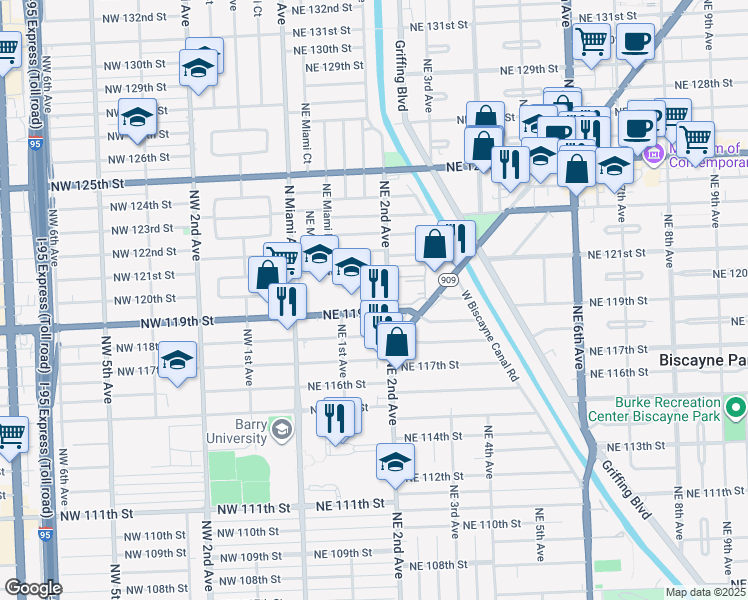 map of restaurants, bars, coffee shops, grocery stores, and more near 195 Northeast 120th Street in North Miami