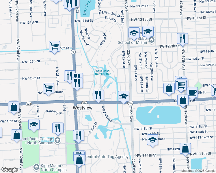 map of restaurants, bars, coffee shops, grocery stores, and more near 12200-12398 Northwest 122nd Street in Miami