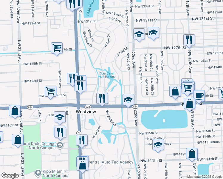 map of restaurants, bars, coffee shops, grocery stores, and more near 12200-12398 Northwest 122nd Street in Miami