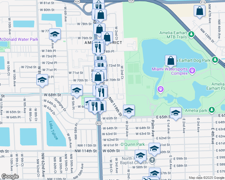 map of restaurants, bars, coffee shops, grocery stores, and more near 6905 West 2nd Way in Hialeah