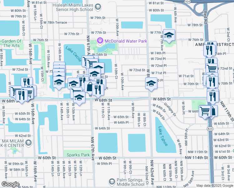 map of restaurants, bars, coffee shops, grocery stores, and more near 6935 West 10th Court in Hialeah