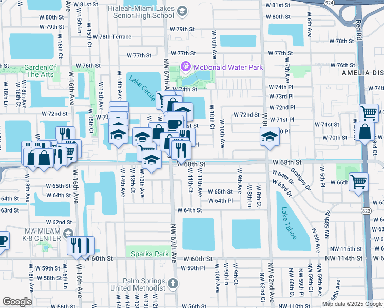 map of restaurants, bars, coffee shops, grocery stores, and more near 1116 West 69th Place in Hialeah
