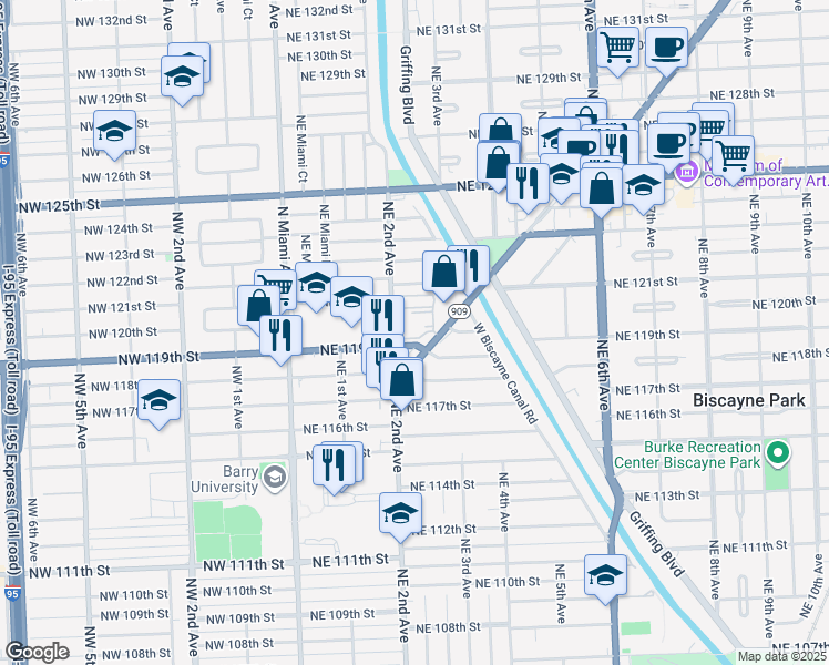 map of restaurants, bars, coffee shops, grocery stores, and more near 11925 Northeast 2nd Avenue in Miami