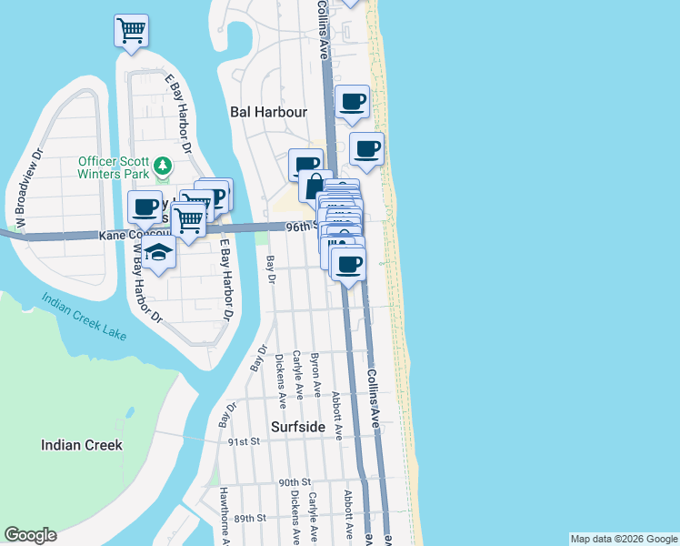 map of restaurants, bars, coffee shops, grocery stores, and more near 9501 Harding Avenue in Surfside