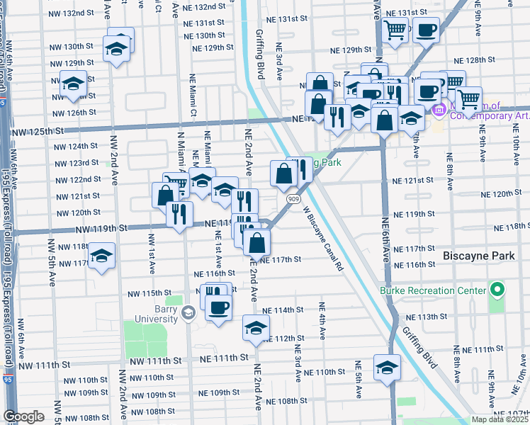 map of restaurants, bars, coffee shops, grocery stores, and more near 11925 Northeast 2nd Avenue in Miami
