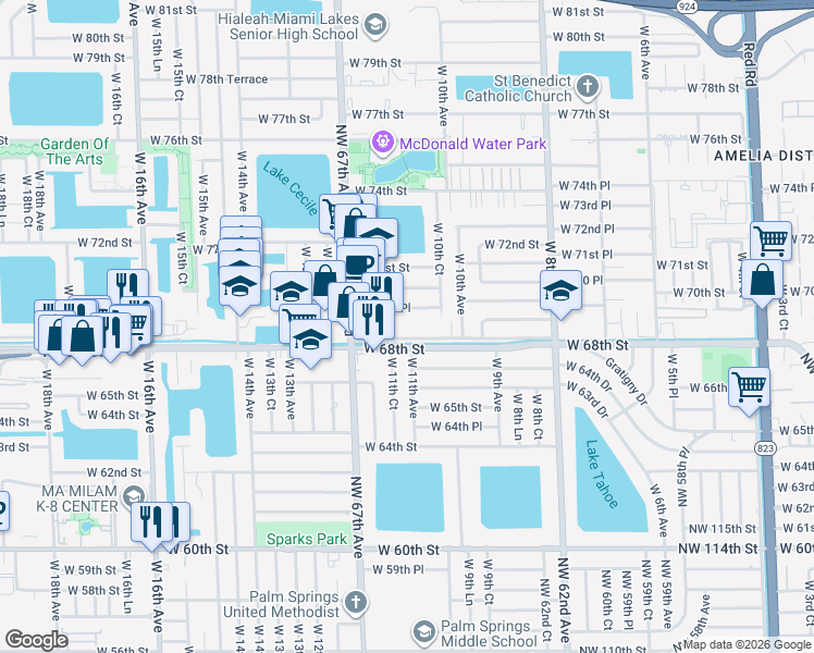 map of restaurants, bars, coffee shops, grocery stores, and more near 1116 West 69th Place in Hialeah