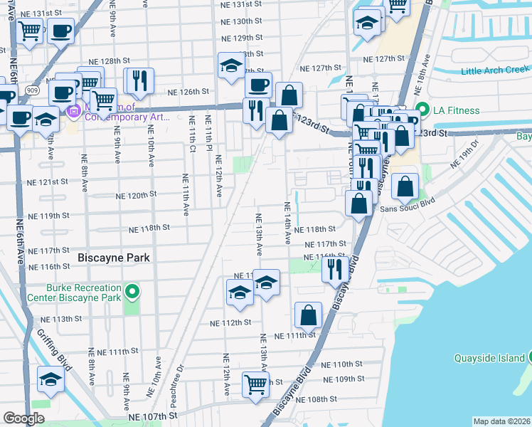 map of restaurants, bars, coffee shops, grocery stores, and more near 1339 Northeast 119th Street in North Miami