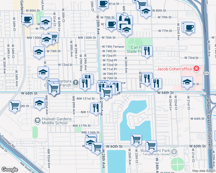 map of restaurants, bars, coffee shops, grocery stores, and more near 2755 West 69th Terrace in Hialeah