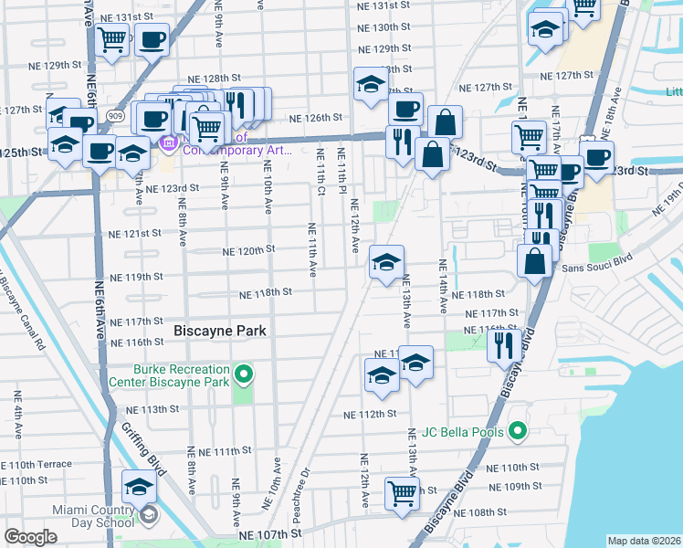 map of restaurants, bars, coffee shops, grocery stores, and more near 1153 Northeast 119th Street in Biscayne Park