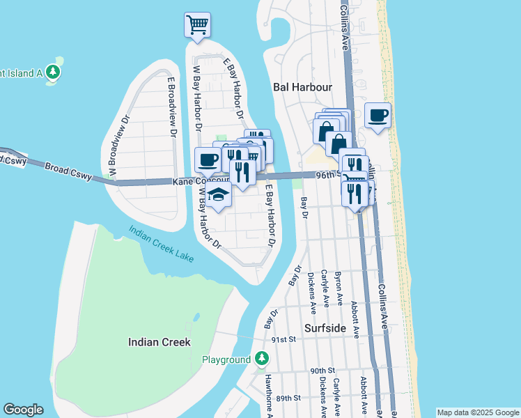 map of restaurants, bars, coffee shops, grocery stores, and more near 1050 95th Street in Bay Harbor Islands
