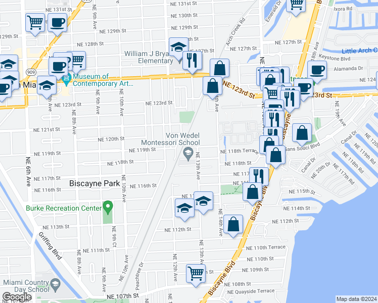 map of restaurants, bars, coffee shops, grocery stores, and more near 1339 Northeast 119th Street in North Miami