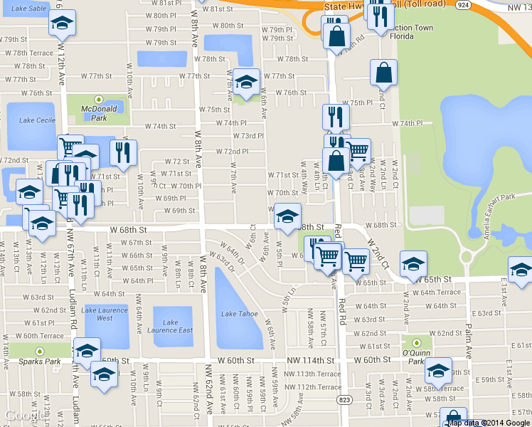 map of restaurants, bars, coffee shops, grocery stores, and more near 575 West 69th Street in Hialeah