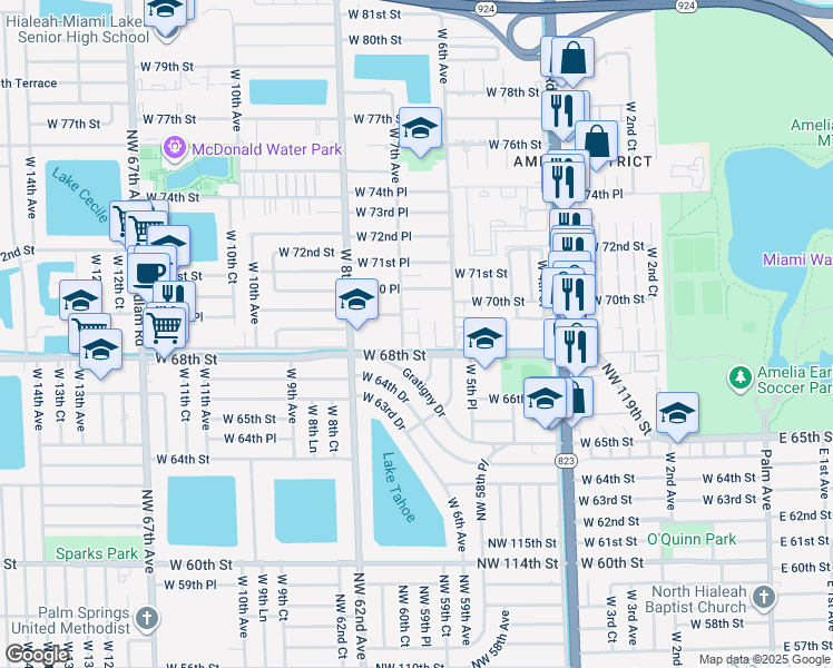 map of restaurants, bars, coffee shops, grocery stores, and more near 645 West 68th Street in Hialeah