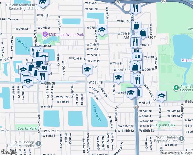 map of restaurants, bars, coffee shops, grocery stores, and more near 730 West 69th Place in Hialeah