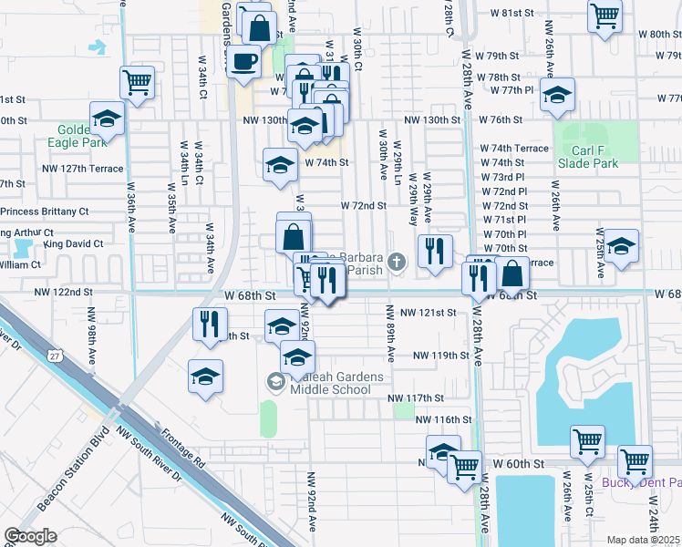 map of restaurants, bars, coffee shops, grocery stores, and more near 3107 West 69th Place in Hialeah Gardens