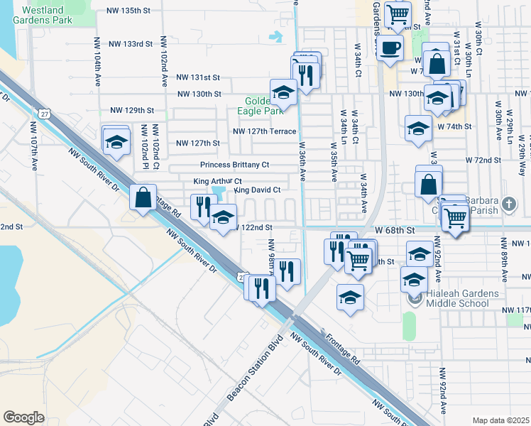 map of restaurants, bars, coffee shops, grocery stores, and more near 12375 Northwest 98th Court in Hialeah Gardens