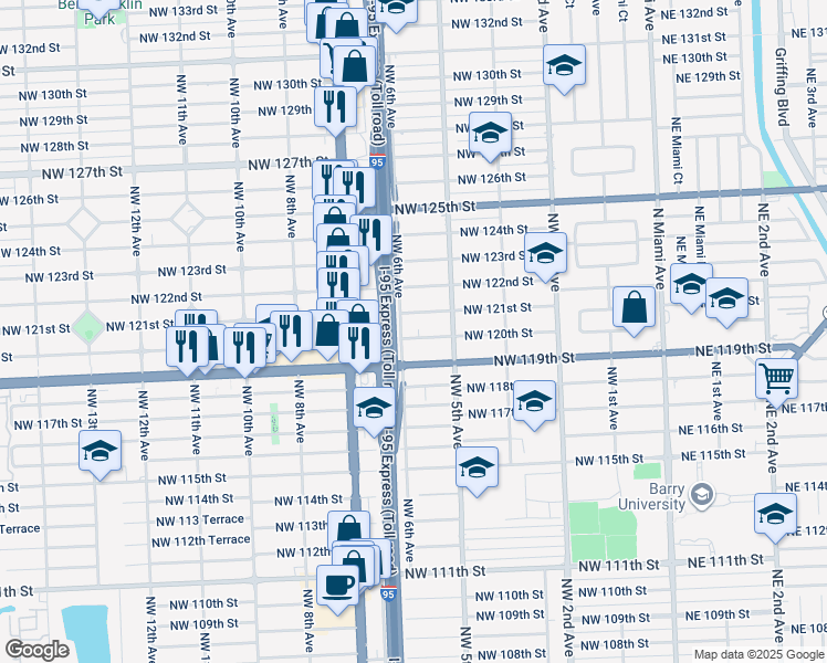 map of restaurants, bars, coffee shops, grocery stores, and more near 570 Northwest 121st Street in North Miami