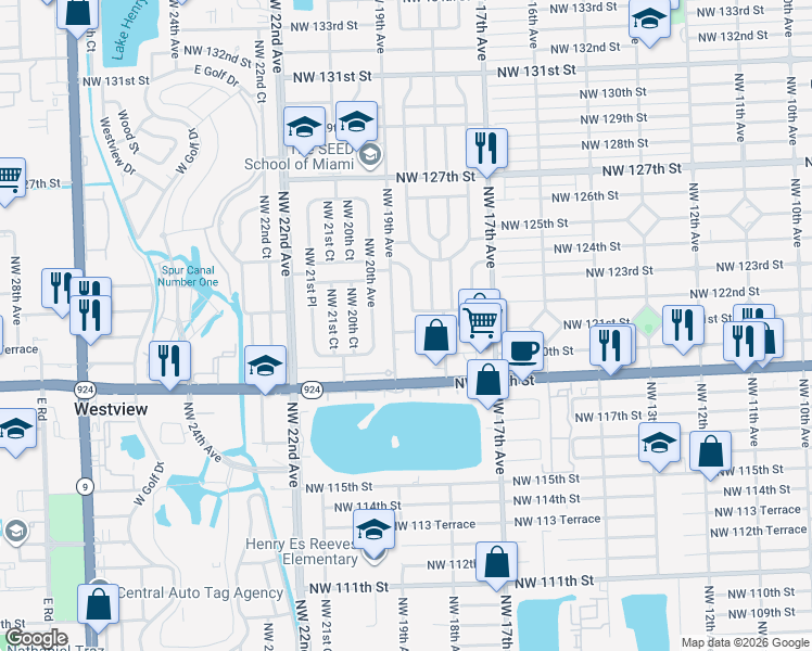 map of restaurants, bars, coffee shops, grocery stores, and more near 12135 Northwest 19th Avenue in Miami