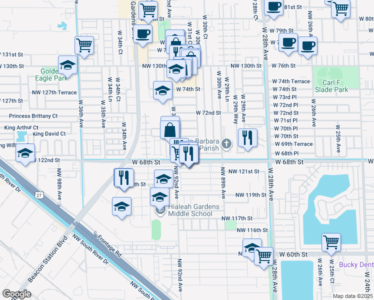 map of restaurants, bars, coffee shops, grocery stores, and more near 3187 West 69th Place in Hialeah