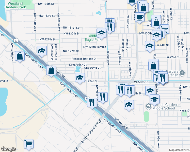 map of restaurants, bars, coffee shops, grocery stores, and more near 12375 Northwest 98th Court in Hialeah Gardens