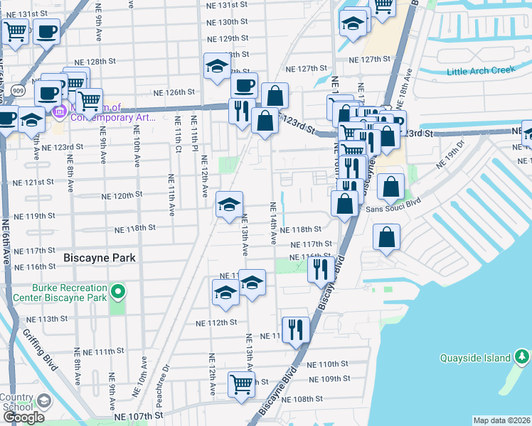 map of restaurants, bars, coffee shops, grocery stores, and more near 1370 Northeast 119th Street in North Miami