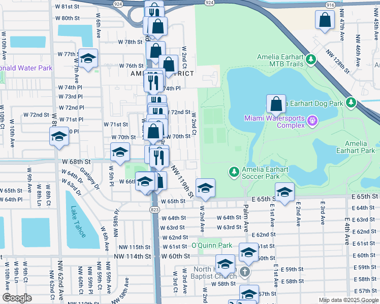 map of restaurants, bars, coffee shops, grocery stores, and more near 6895 West 2nd Court in Hialeah