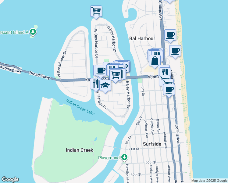 map of restaurants, bars, coffee shops, grocery stores, and more near 9455 Bay Harbor Terrace in Bay Harbor Islands