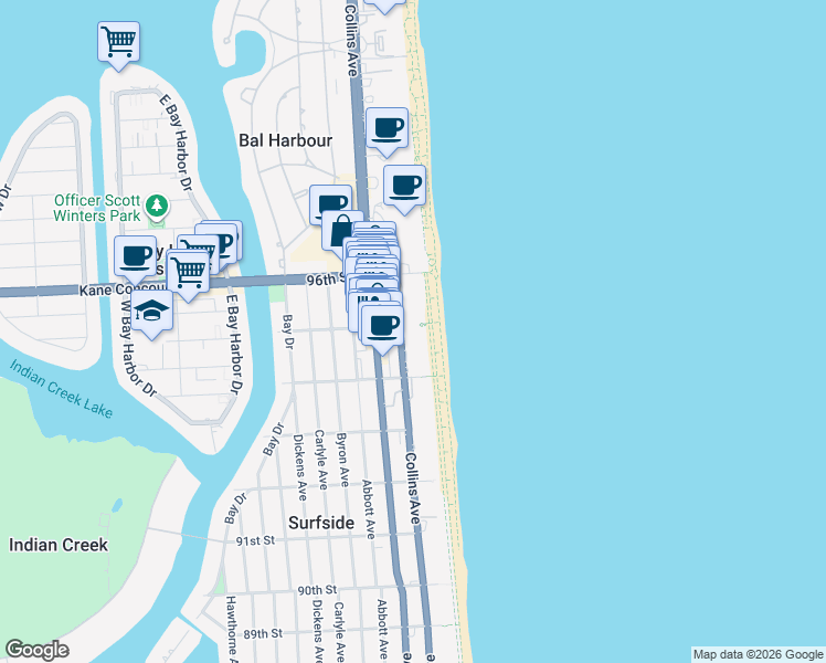 map of restaurants, bars, coffee shops, grocery stores, and more near 203 95th Street in Surfside