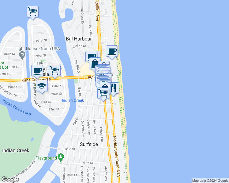 map of restaurants, bars, coffee shops, grocery stores, and more near 203 95th Street in Surfside