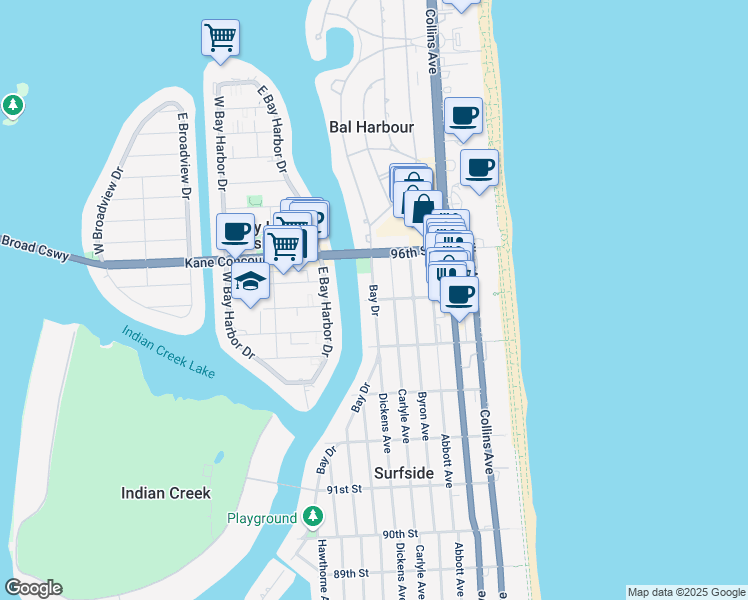 map of restaurants, bars, coffee shops, grocery stores, and more near 9516 Bay Drive in Surfside