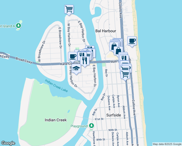 map of restaurants, bars, coffee shops, grocery stores, and more near 1050 95th Street in Bay Harbor Islands