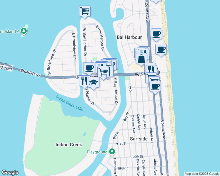 map of restaurants, bars, coffee shops, grocery stores, and more near 1050 95th Street in Bay Harbor Islands