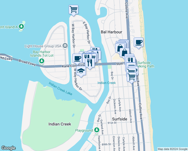 map of restaurants, bars, coffee shops, grocery stores, and more near 1050 95th Street in Bay Harbor Islands