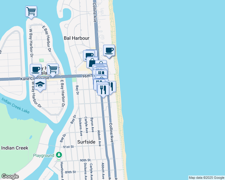 map of restaurants, bars, coffee shops, grocery stores, and more near 9499 Collins Avenue in Surfside
