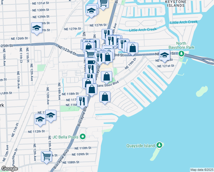 map of restaurants, bars, coffee shops, grocery stores, and more near 1780 Sans Souci Boulevard in North Miami