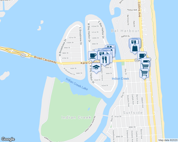 map of restaurants, bars, coffee shops, grocery stores, and more near 9400 West Bay Harbor Drive in Bay Harbor Islands