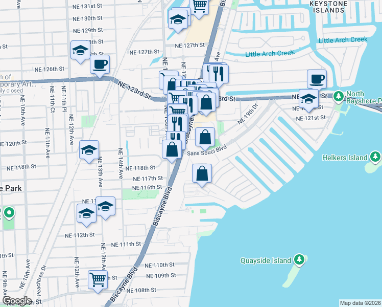 map of restaurants, bars, coffee shops, grocery stores, and more near 11885 Biscayne Boulevard in North Miami