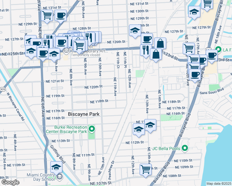 map of restaurants, bars, coffee shops, grocery stores, and more near 1065 Northeast 119th Street in Biscayne Park