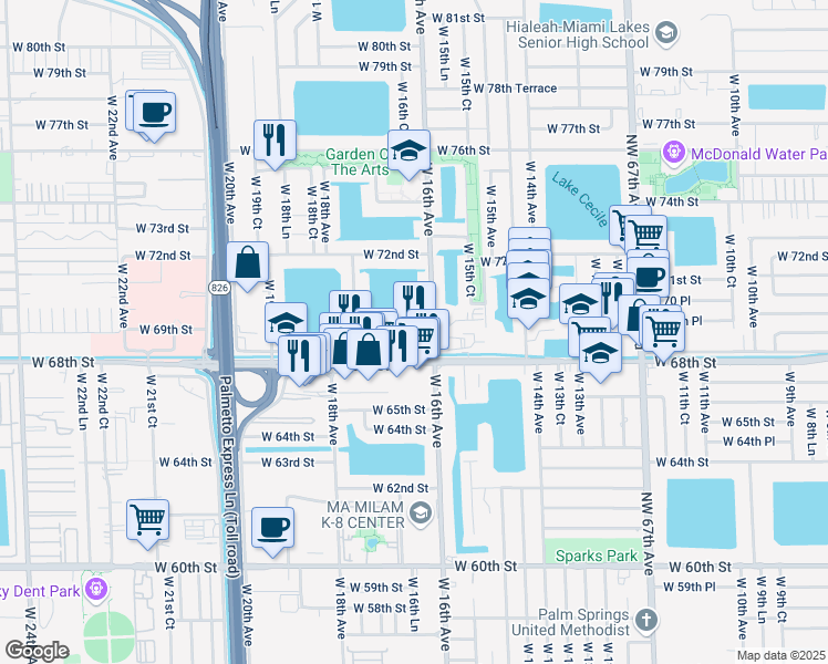map of restaurants, bars, coffee shops, grocery stores, and more near 6850 West 16th Drive in Hialeah