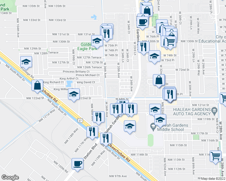 map of restaurants, bars, coffee shops, grocery stores, and more near 6903 West 97th Street in Hialeah