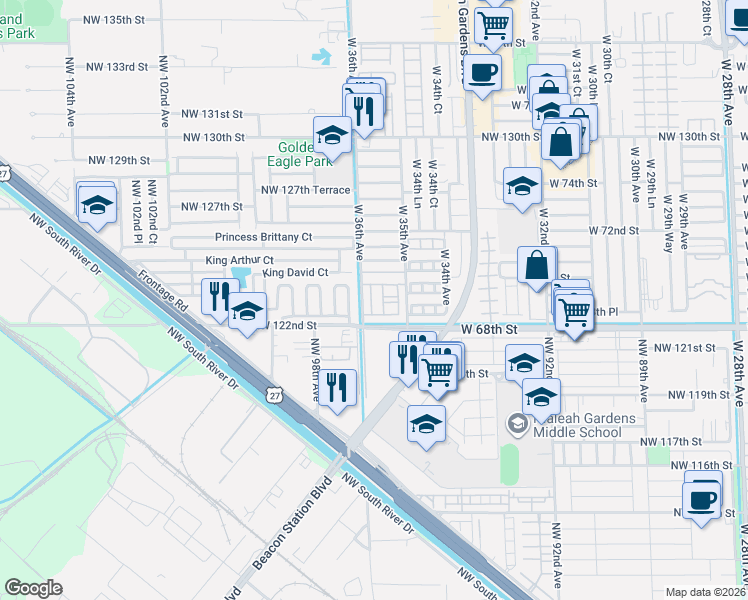 map of restaurants, bars, coffee shops, grocery stores, and more near 6903 West 97th Street in Hialeah