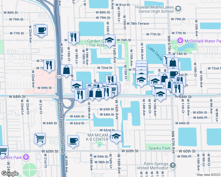 map of restaurants, bars, coffee shops, grocery stores, and more near 6850 West 16th Drive in Hialeah